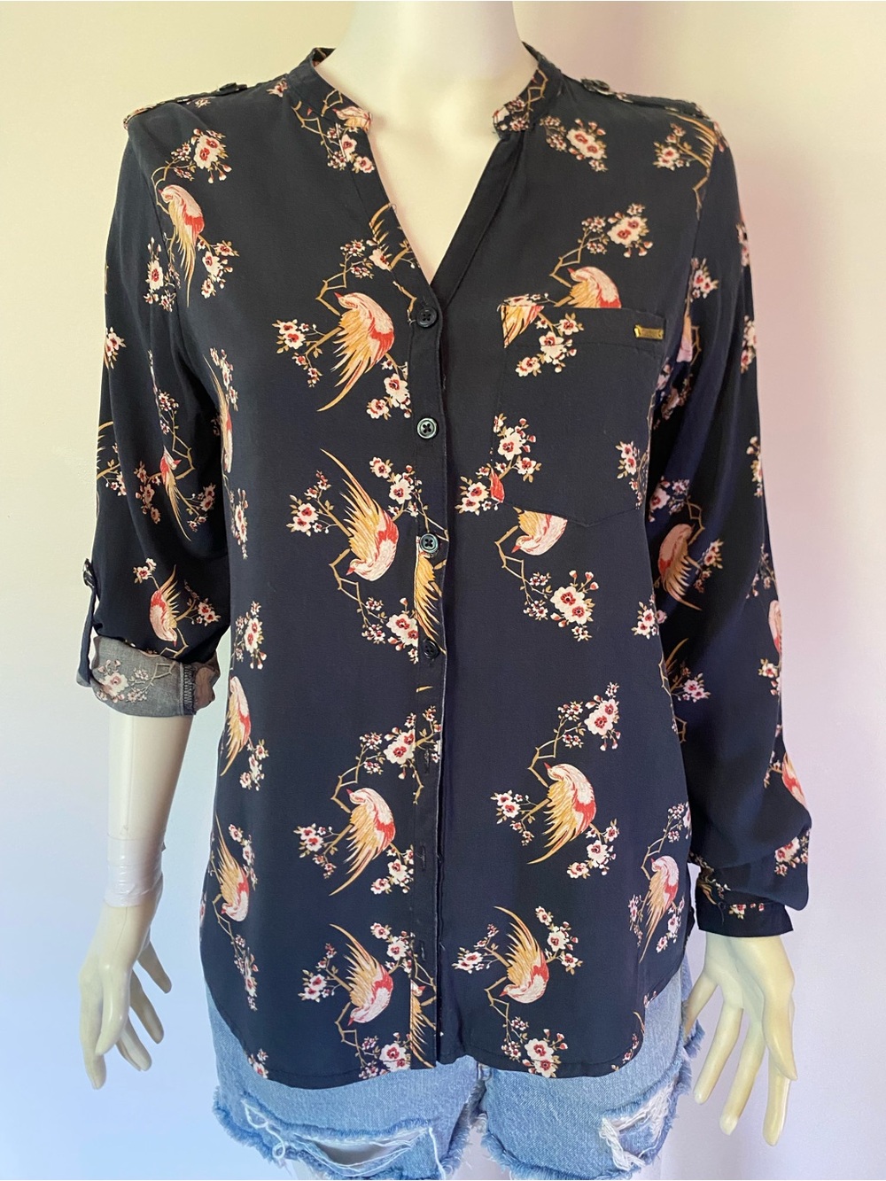Women's Navy Button-Down Blouse with Bird Print